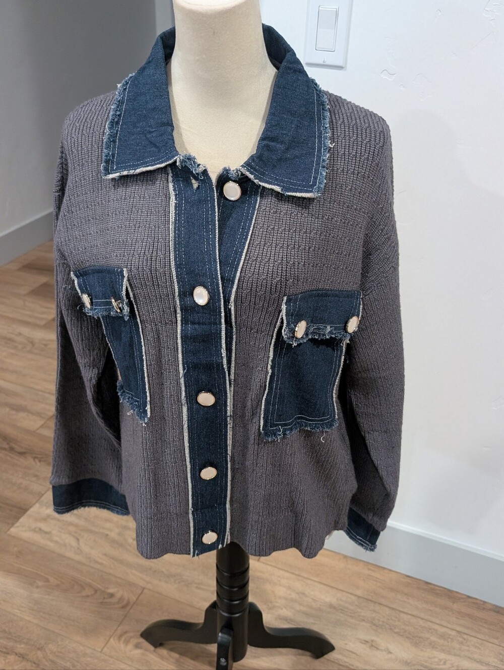 Women’s Two-Tone Gray Knit Jacket with Dark Denim Trim